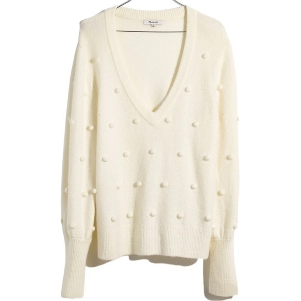 Madewell Womens Size S Bright Ivory Cream Pom Pom Bobble Dashwood V-Neck Sweater